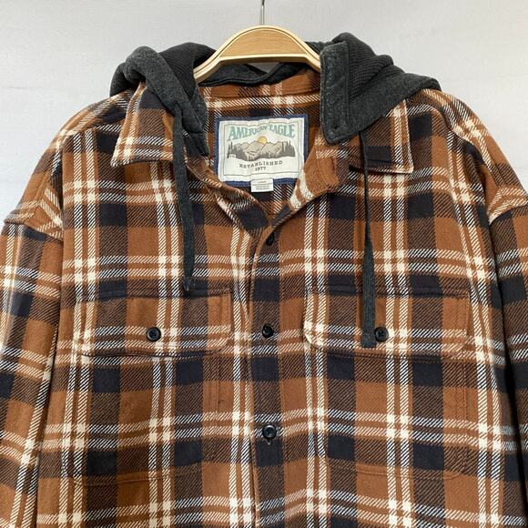 American Eagle Brown Plaid Hooded Flannel Shacket Men L Long Sleeve Button Up - Picture 11 of 11